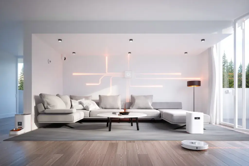 Wohnzimmereinrichtung mit Couch, Tisch sowie Smart Home Geräten